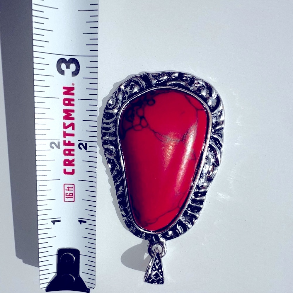 Silver necklace pendant w/red stone w/black designs through w/matching earrings - Picture 5 of 8
